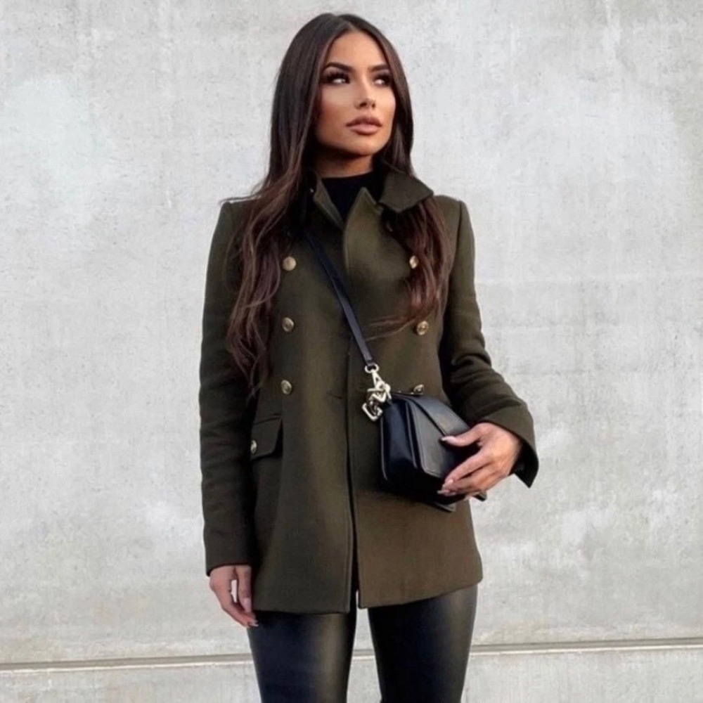 Zara Manteco Olive Green Wool Blend Military Coat Gold Crest Buttons XS